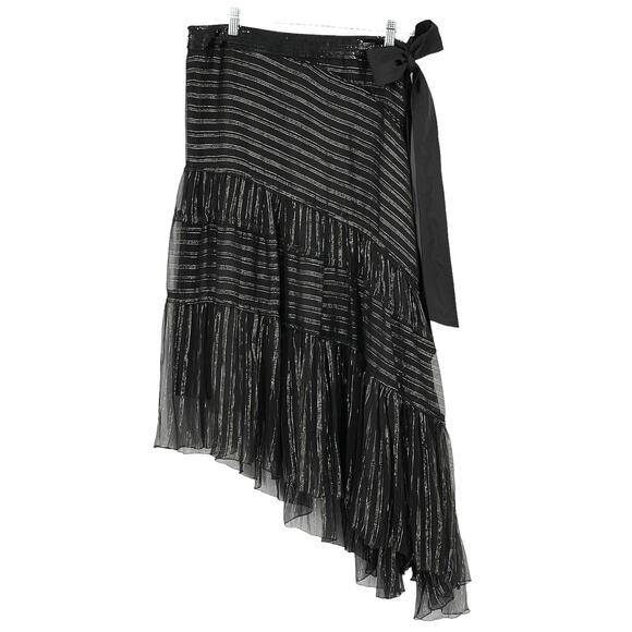 WD NY 100% Silk Black Silver Gold Stripe Tiered Skirt Sz 8 Gypsy Y2K Whimsigoth - Picture 1 of 15